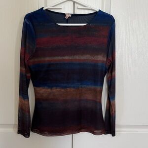 Reba Striped Sheer Long Sleeve Top in Blue and Brown Tones